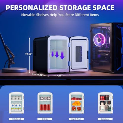 Antarctic Star Mini Compact Refrigerator with Gaming Light, 4L Capacity/6 Cans Portable Mini Fridge, for Bedroom,Car,Office and Dorm, Small Cooler for Cosmetics, Beverage and Food, Black