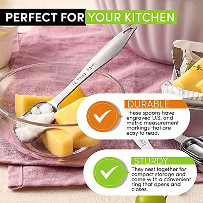 Spring Chef Stainless Steel Measuring Spoons Set of 6 with Leveler, Rectangular Metal Teaspoon & Tablespoon Measuring Spoons for Dry & Liquid Ingredients - Nesting Kitchen Gadgets For Baking & Cooking
