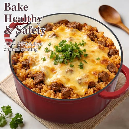 Umite Chef 7QT Enameled Cast Iron Dutch Oven with Lid & Cotton Potholders–Heavy-Duty Cookware for Bread Baking, Braising, Stews, Marinate, Cook(Red)