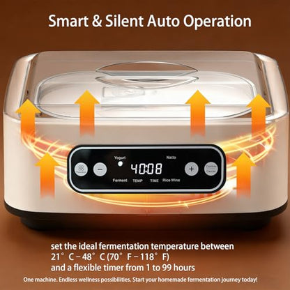 Yogurt Maker，with Timer and Temperature Control, Auto-Shutoff Feature, 1.6-Liter Stainless Steel Inner Pot + 9 Dishwasher-Safe Jars—Easily Make Fresh Probiotic Yogurt and Enjoy Natural Health