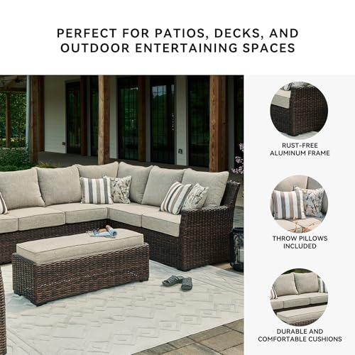 Signature Design by Ashley Brook Ranch Outdoor Sectional, All‑Weather Resin Wicker Patio Furniture With High‑Performance Cushions, Durable Aluminum Frame, Neutral
