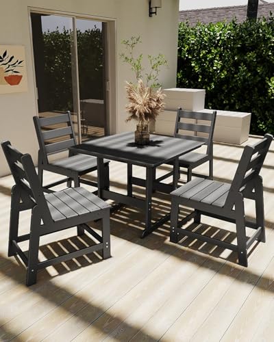 GREENVINES 5-Piece-Outdoor-Dining-Set | HDPE | Square | Patio Furniture | All Weather | Armless Chair | Slatted Table and Chairs Sets for 4 | for Backyard Poolside Garden | Grey