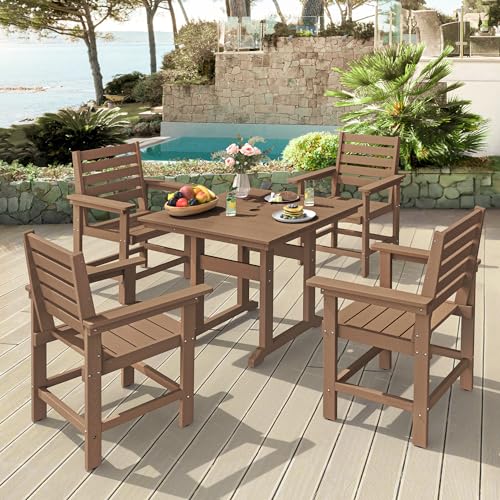 Homenjoy 5 Piece Patio Dining Set, 35" Square HDPS Weather Resistant Outdoor Table & 4 Patio Chairs Set with 1.96" Umbrella Hole, Heavy Duty for Small Space Backyard Balcony, Brown