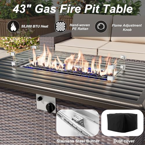 ALAULM 13 Pieces Patio Furniture Set with Propane Fire Pit Table Patio Sectional Sofa 43" Gas Fire Pit Brown PE Rattan Patio Conversation Set w/10 Seat Cushions-Sand
