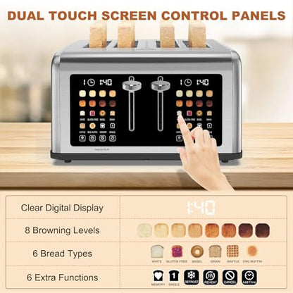 4 Slice Toaster Touch Screen, Stainless Steel Toasters Digital Timer, Dual Control Panel Toasters, 8 Shade Settings 6 Bread Types for Bagel, Cancel, Defrost 1650W