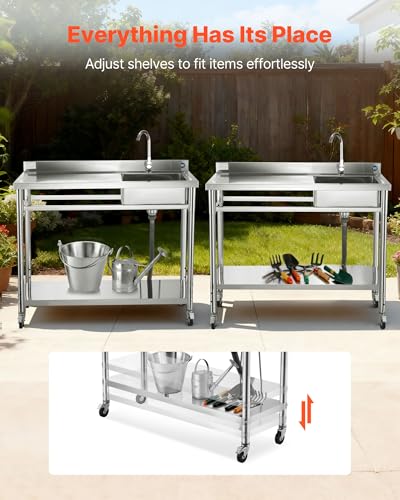 VEVOR Stainless Steel Utility Sink, Rolling Single Bowl Commercial Kitchen Sink with Wheels,Faucet and Hot & Cold Water Pipe,Utility Basin Workbench for Garage Restaurant Laundry 47.2 x 19.7 x 41.5 in
