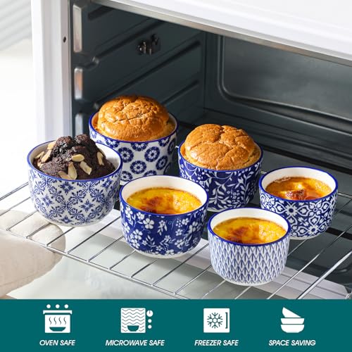 vancasso Selene 4 oz Mini Ceramic Ramekins Set of 6, Oven-Safe Baking Cups for Crème Brûlée, Soufflés, Desserts, Handcrafted Blue and White Patterns