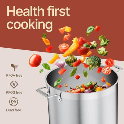 Stainless Steel Stockpot with Lid 20 Quart, Durable 18/8 Stainless Steel, Impact-Bonded Base for Even Heating, Riveted Handles, Oven & All Stove Compatible, Safe Up To 500°F (260°C)
