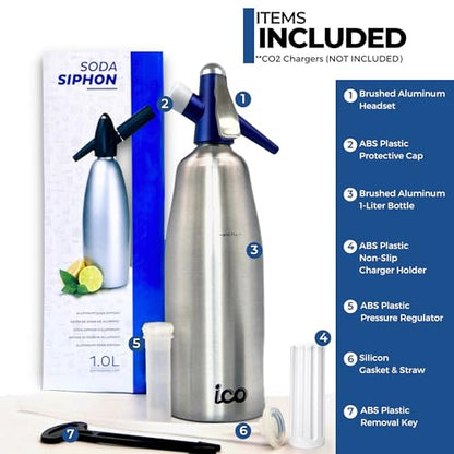 ICO Soda Siphon, Sparkling Water Maker, Soda Maker, Carbonated Water Machine for Fresh Soda Water, Cocktails, Hard Seltzers, Uses 8g C02 cartridges (Not Included), 1L/1 Pint