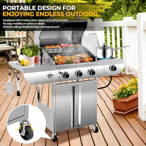 34,000 BTU 3-Burner Propane Gas Grill with Side Burner, All Stainless Steel BBQ Grill, Cast Iron Grates & Portable Cart with Wheels，Outdoor Barbecue Grill for Backyard, Patio, Camping (G31 PRO)