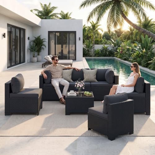 Aoxun 7-Piece Outdoor Furniture, Patio Furniture Sets with Thick Cushions, Wicker Conversation Set Sectional Sofa for Backyard, Poolside, Garden