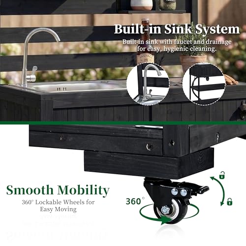 Eailaveo 41.7'' Large Patio Rolling Kitchen Island,Solid Wood Kitchen Cart with Sink,Garden Potting Bench with Stainless Table Top,2 Movable Shelves and 1 Bottle Opener (Black-RK)