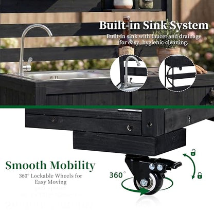 SKJDCSDLLSN Mobile Outdoor Grill Cart with Integrated Sink and Faucet, Portable Solid Wood Kitchen Island on Wheels with 2-Tier Shelving, Backyard BBQ Prep Table & Potting Bench for Garden