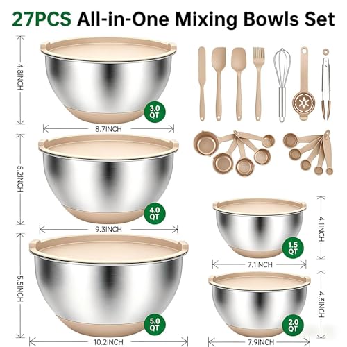 Deedro Premium Mixing Bowls with Airtight Lids Set, 22Pcs Thicker Stainless Steel Mixing Bowl Set, Large Prep Metal Bowls, Non-Slip Silicone Base Nesting Bowls for Kitchen, 1.5/2/3/4/5 QT, Khaki