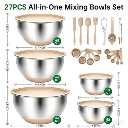Deedro Premium Mixing Bowls with Airtight Lids Set, 22Pcs Thicker Stainless Steel Mixing Bowl Set, Large Prep Metal Bowls, Non-Slip Silicone Base Nesting Bowls for Kitchen, 1.5/2/3/4/5 QT, Khaki