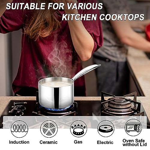 TeamFar 1qt Saucepan with Lid, Stainless Steel Tri-ply Small Cooking Pot Sauce Milk Pan with Ergonomic Handle, for Induction/Gas/Electric/Ceramic, Healthy & Heavy Duty, Dishwasher Safe