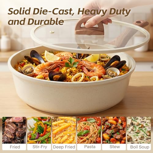 USELUCK Ceramic Nonstick Frying Pan with Lid, 4.0 QT Sauté Pan Large Capacity Skillet, Non Stick Deep Frying Pan Induction Compatible White Granite Coating PFOA/PFAS Free Non-toxic Healthy