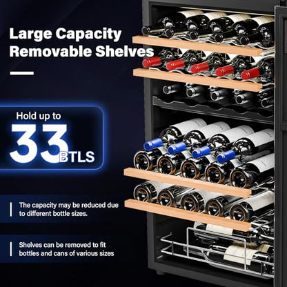 ROVSUN 33 Bottle Wine Fridge, Dual Zone Wine and Beverage Refrigerator with Independent Temp & LED Control Panel, Freestanding Wine Cooler Chiller for Red White Wine, Champagne, Beer