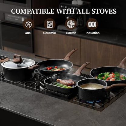 Kikcoin 16Pcs Ceramic Pots and Pans Set Non Stick, Includes a 9.5" Grill Pan, Induction Kitchen Cookware Sets, Black Nonstick RV Kitchen Camping Cooking Sets Stackable (PTFE, PFOS, PFOA Free)