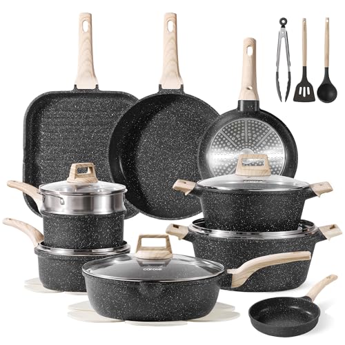 CAROTE 26Pcs Pots and Pans Set, Nonstick Cookware Sets, Granite Induction Cookware Non Stick Cooking Set w/Frying Pans & Saucepans(PFOS, PFOA Free)