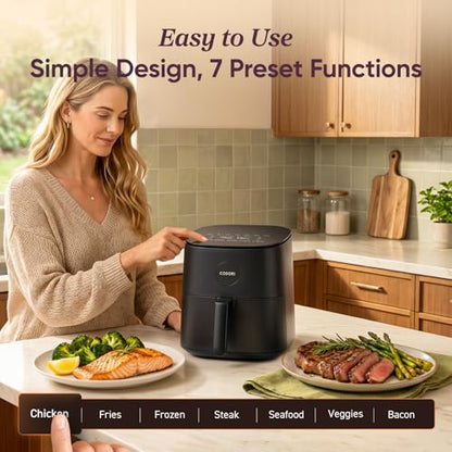 Cosori Air Fryer Pro, Compact 5QT, Ceramic Coating, 7 Presets with Preheat & Keep Warm, 450℉, Easy to use & clean, Shake Reminder, 130+ In-App Recipes, Nonstick & Dishwasher-Safe Basket, Gray