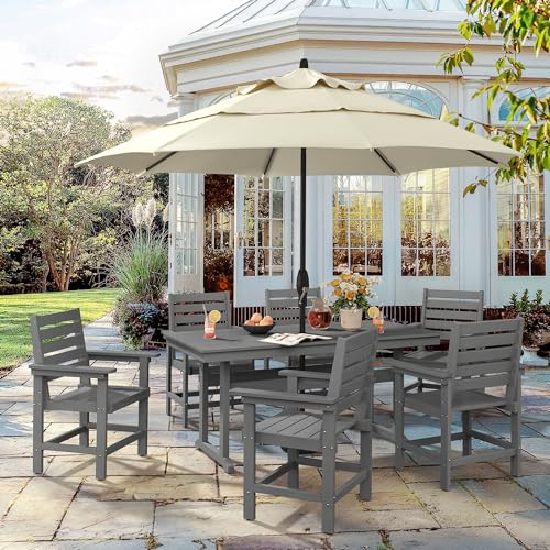 Homenjoy 7 Piece Patio Dining Set, 66" Rectangle HDPS Weather Resistant Outdoor Table & 6 Patio Chairs Set with 1.96" Umbrella Hole, Heavy Duty Chairs for Backyard Balcony Deck, Grey