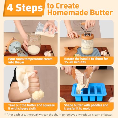 TeeMars Butter Churner - Mason Jar Butter Churner Hand Crank, 34oz Manual Butter Maker in 15 Min, Free 14 Recipes, Paddle, Mold with Lid, Cheese Cloth & Anti-slip Mat