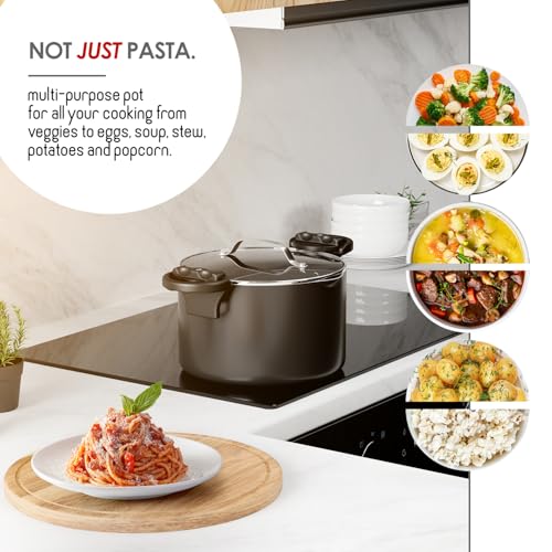 EATEX Pasta Pot with Strainer Lid - 5 Quart Multipurpose Stock Simmer Spaghetti with Strainer - Twist & Lock Handles, Nonstick Ceramic Stainless Steel Tempered Glass Black