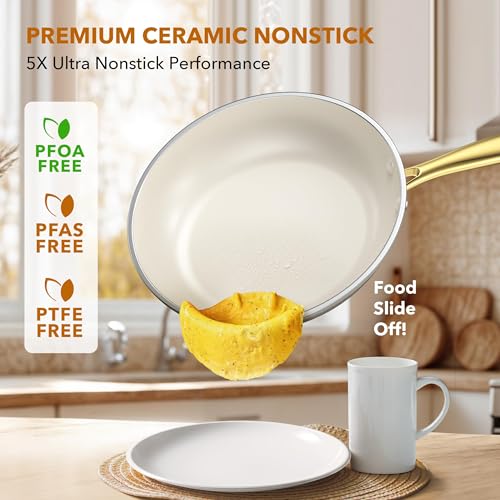 PekGema Ceramic Cookware Set 15-Pieces, Pots and Pans Set Non Stick, Oven Safe Non Toxic, Kitchen Cookware Set, PFOA PTFE FREE, Gold White