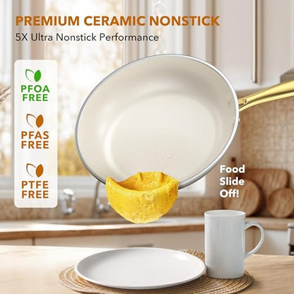 PekGema Ceramic Cookware Set 15-Pieces, Pots and Pans Set Non Stick, Oven Safe Non Toxic, Kitchen Cookware Set, PFOA PTFE FREE, Gold White