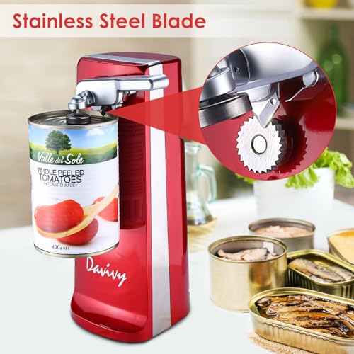 Davivy Electric Can Opener - One-Touch Hands-Free Operation, Removable Stainless Steel Cutter, 3-in-1 Design with Knife Sharpener & Bottle Opener (Red)