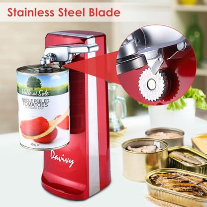 Davivy Electric Can Opener - One-Touch Hands-Free Operation, Removable Stainless Steel Cutter, 3-in-1 Design with Knife Sharpener & Bottle Opener (Red)