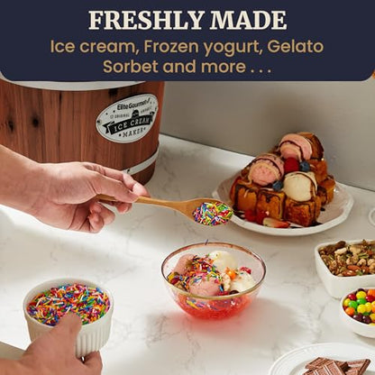 Elite Gourmet EIM418 4Qt Old Fashioned Walnut Wood Bucket Ice Cream Maker