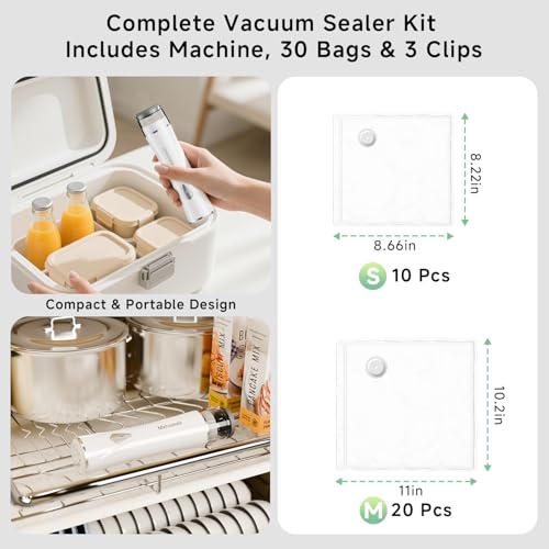 Mehomeli Compact Vacuum Sealer for Food (Vacuum Sealer Machine + 30 Reusable Vacuum Bags), Powerful Handheld Vacuum Sealer Machine, Seal Food 6X Fresh Longer, Portable & Wireless, Easy-Clean