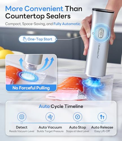 Handheld Vacuum Sealer for Food, VacSense Series 75kPa Compact Vacuum Sealer Machine with 2000mAh Battery, Cordless & Portable, 30 BPA-Free Reusable Bags for Meal Prep, Travel & Kitchen, Silver