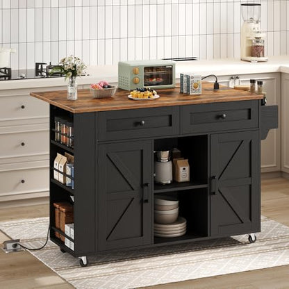 HOOBRO Kitchen Island on Wheels, Kitchen Storage Island with Power Outlet & Drop Leaf, Island Table with Open Shelves, 2 Drawers, for Kitchen, Rustic Brown and Black BF35UZD01