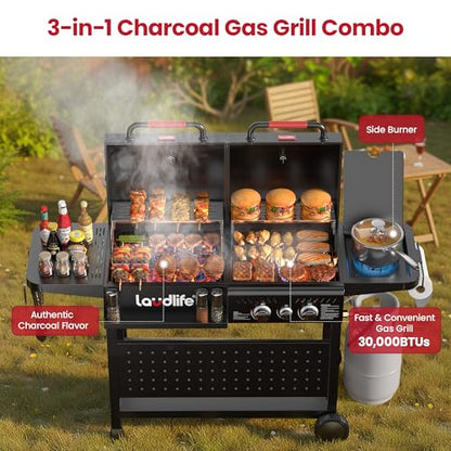 LAUDLIFE Gas and Charcoal Grill Combo with Side Burner, 3 Burners Propane BBQ Grill, 748 SQ.IN Cooking Space, Non-Stick Enamel Coating Grates, Heavy-Duty Stand for Backyard & Outdoor Barbecue