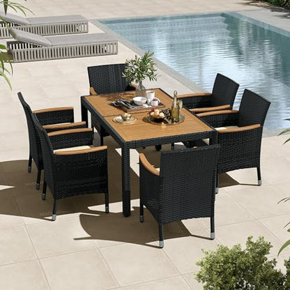 Yaheetech 7 Piece Patio Furniture Set, Outdoor Dining Acacia Wood Table Top Rattan Conversation with Soft Cushions, 6 Chairs & 1 Table for Backyard, Deck, Garden & Yard, Black/Beige