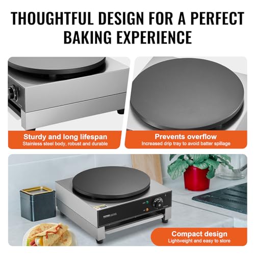 VEVOR Electric Crepe Maker, 16-Inch Commercial Crepe Machine, 1700W Flat Plate Crepe Griddle, Nonstick Stainless Steel Pancake Making Machine, Desktop Circular Cereals Pancake Stove with Temp Control