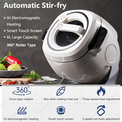 1000W 110V Automatic Cooking Machine - 6L Auto Stir Fry Wok Fried Rice Cooking Machine Electric Induction with Smart Touch 360° Rotating 3D All-round Heating for Stir Frying, Stewing, Cooking