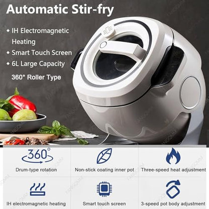 1000W 110V Automatic Cooking Machine - 6L Auto Stir Fry Wok Fried Rice Cooking Machine Electric Induction with Smart Touch 360° Rotating 3D All-round Heating for Stir Frying, Stewing, Cooking