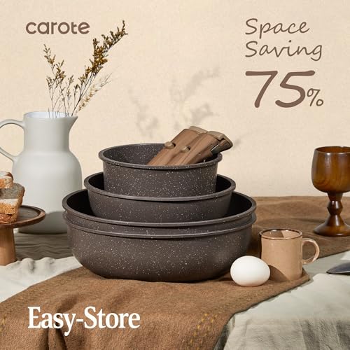 CAROTE 21PCS Pots and Pans Set Non Stick with Detachable Handle, Nonstick Cookware Sets, Cooking Kitchen Set, Oven/Dishwasher Safe, Induction Cookware, Brown, RV Kitchen Pot and Pan