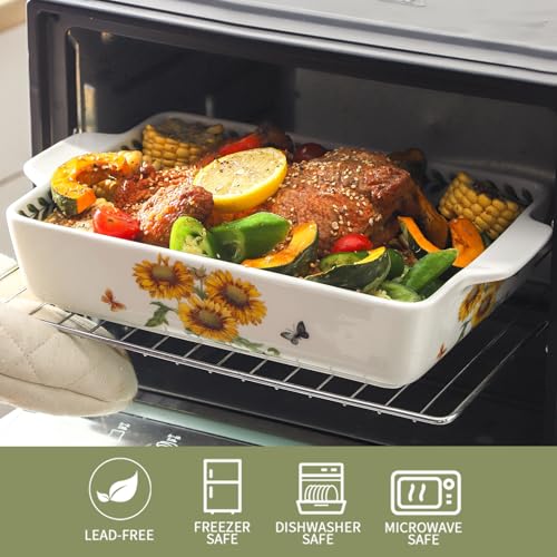 Howise Ceramic Sunflower Baking Casserole Dish with Handles,Large 2 pieces 8x13 inch & 6x10 inch Lasagna Baking Dish and Middle Flower Andplant Baking Pan,Porcelain Serving Bakeware Set