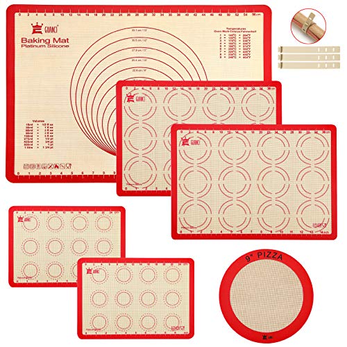 GUANCI Silicone Baking Mat Set of 6, Includes 25"x17.5" Large, 2 Medium 16.5"x11.6", 2 Small 11.75"x8.25", 9" Round, All Mats 0.70mm Thick, Non-Stick Reusable Baking Mats for Pizza, Cookie, Bread