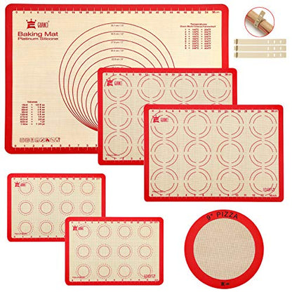 GUANCI Silicone Baking Mat Set of 6, Includes 25"x17.5" Large, 2 Medium 16.5"x11.6", 2 Small 11.75"x8.25", 9" Round, All Mats 0.70mm Thick, Non-Stick Reusable Baking Mats for Pizza, Cookie, Bread