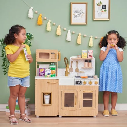 Teamson Kids Little Chef Cyprus Medium Wooden Play Kitchen with Interactive, Realistic Features, and 14 Kitchen Accessories for 3yrs and up, Light Oak/Faux White Marble/Gold