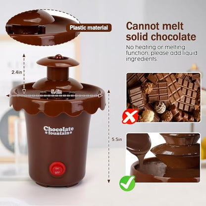 Yummy Sam 6oz Mini Chocolate Fountain Machine, 2 Tier Tower Plastic Cheese Electric Fountain BPA Free, Chocolate Melt Machine, for 2-3 People, Parties, 200ml Capacity with 10 Plastic Forks