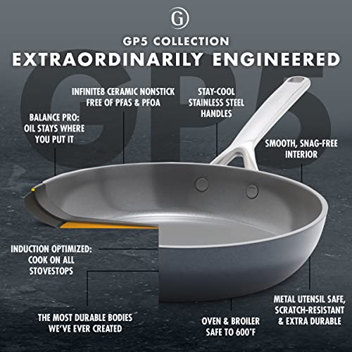 GreenPan GP5 Hard Anodized Healthy Ceramic Nonstick 14 Piece Cookware Pots and Pans Set,Heavy Gauge Scratch Resistant,Stay-Flat Surface, Induction, Mirror Finish Handle,Oven Safe,PFAS-Free,Slate