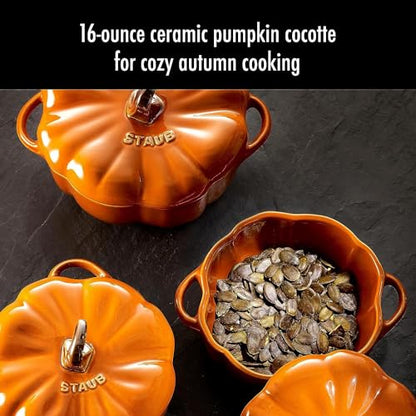 STAUB Ceramic 0.75-qt Petite Pumpkin, Oven & Stove Safe up to 572°F, Pumpkin Dish, Baking Candy Burnt Orange