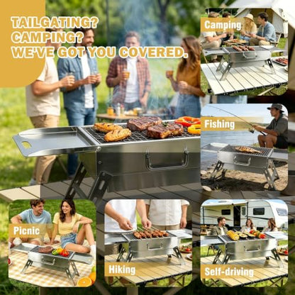 Zarkind Portable Tabletop Charcoal Grill, Foldable Stainless Steel Mini BBQ Grill with Carry Bag, Lightweight Small Camping Picnic Travel Tailgating Patio Grill